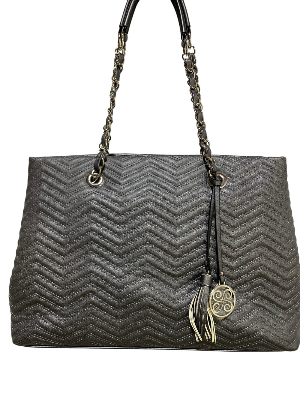 Perlina Tote Bag Gray Quiled Silver Hardware Double Shoulder Straps